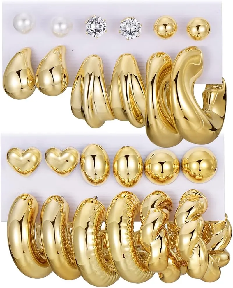 KISS WIFE Gold Chunky Earrings for Women, Hypoallergenic Lightweight Hoops, Pearl Stud Twist Heart Round Dangle Earring Packs Jewelry Gifts for Women
