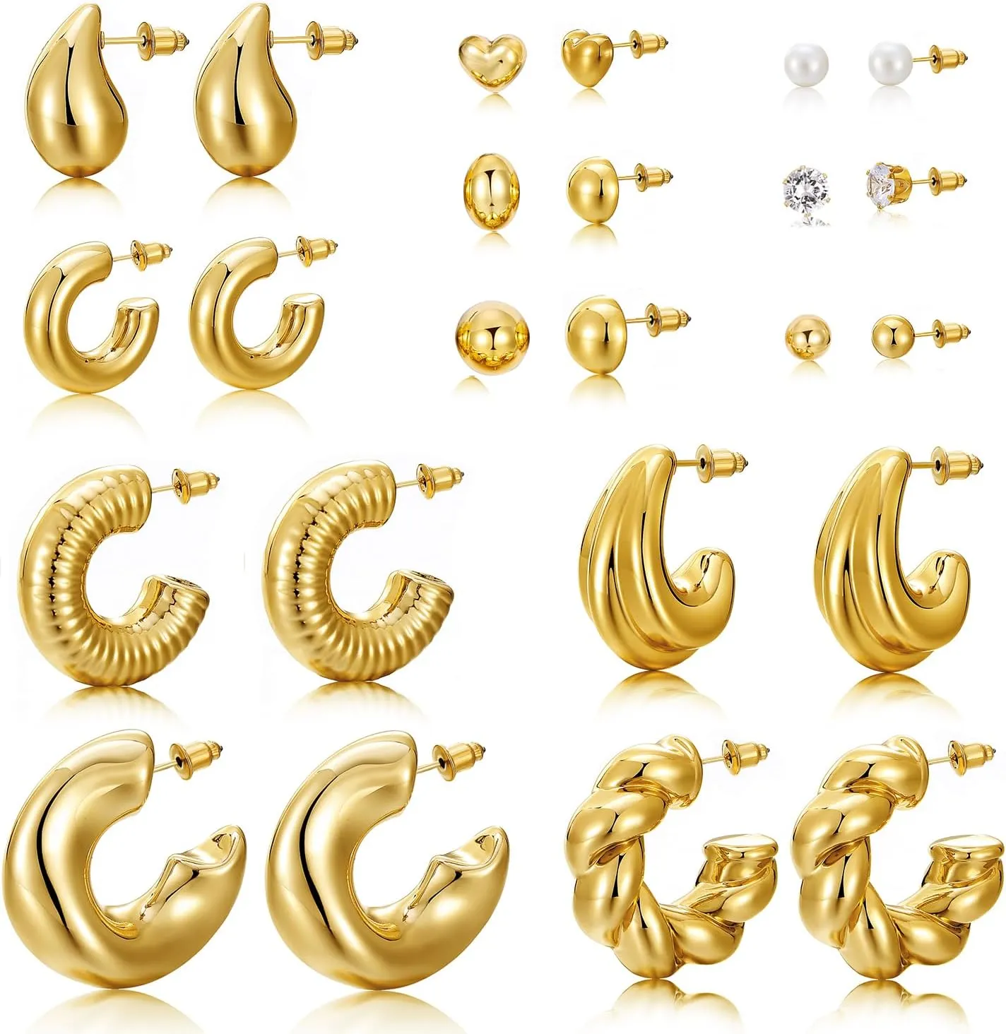 KISS WIFE Gold Chunky Earrings for Women, Hypoallergenic Lightweight Hoops, Pearl Stud Twist Heart Round Dangle Earring Packs Jewelry Gifts for Women