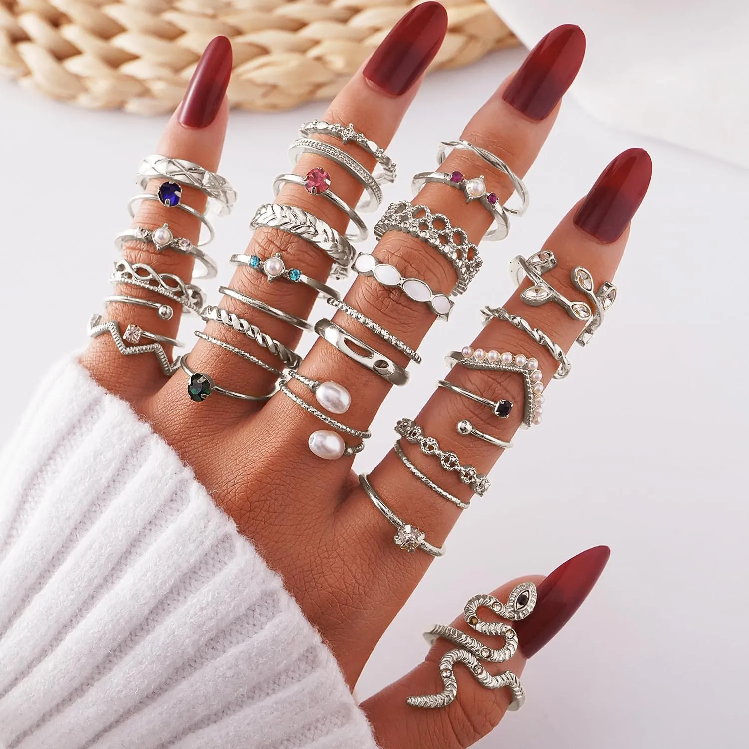 KISS WIFE Silver Kunckle Rings Set for Women, Dainty Simple Trendy Cute Stackable Finger Rings Pack, Stacking Layering on Thumb and Knuckle, Mixed Size