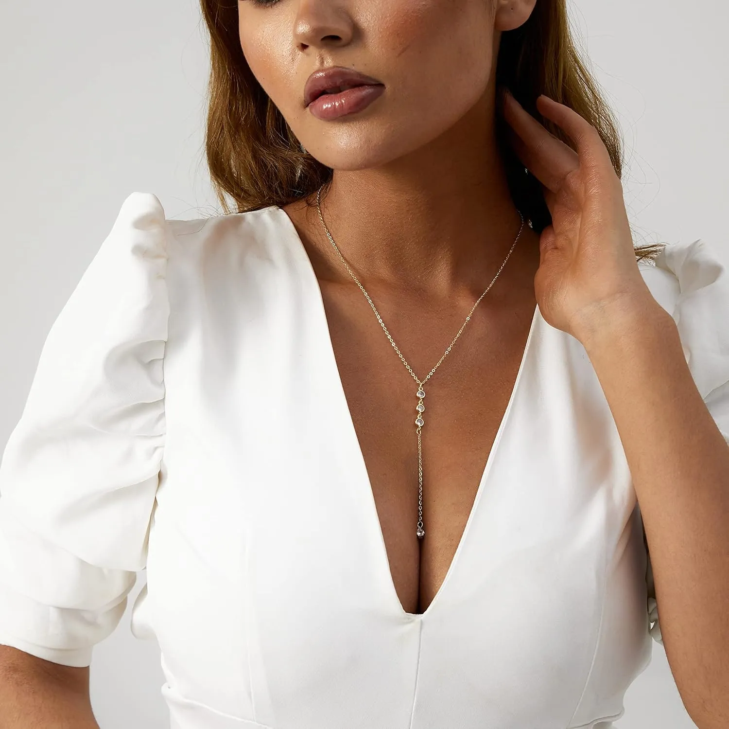 Kyerlyn 14K Gold Plated Zircon Y Lariat Necklaces Long Drop CZ Pendant Y Necklace for Women Dainty Diamond Chain Necklace Fashion Jewelry
