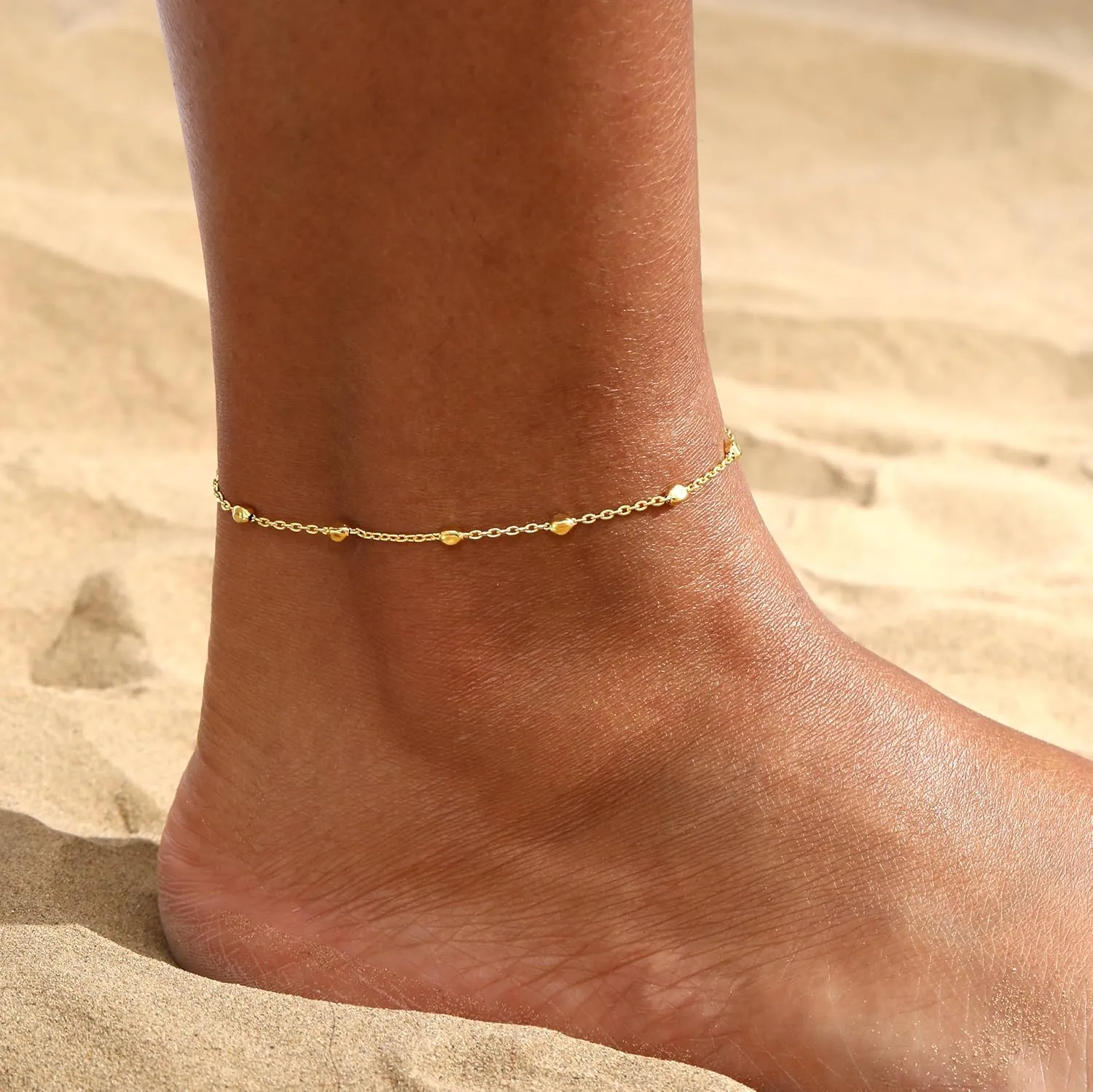 Kyerlyn Gold Ankle Bracelets for Women non tarnish,14K Gold Waterproof Anklets Link Beaded Set Layered Shark Anklet for Women Gold Jewelry Gift