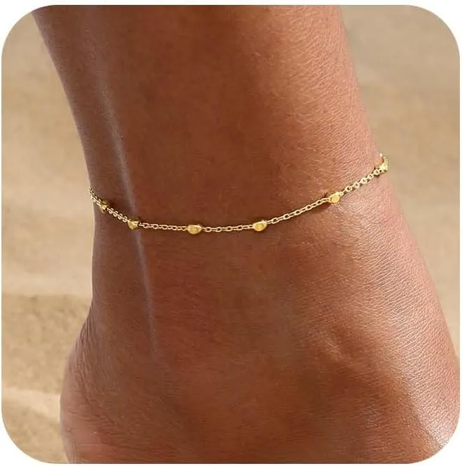 Kyerlyn Gold Ankle Bracelets for Women non tarnish,14K Gold Waterproof Anklets Link Beaded Set Layered Shark Anklet for Women Gold Jewelry Gift