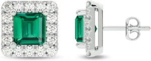 Lab Created Emerald and Lab Grown Diamond Halo Stud Earrings for Women | 10K Solid White Gold Earrings | Multiple Shapes and Weights to Choose From