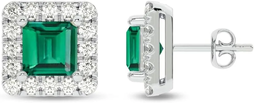 Lab Created Emerald and Lab Grown Diamond Halo Stud Earrings for Women | 10K Solid White Gold Earrings | Multiple Shapes and Weights to Choose From