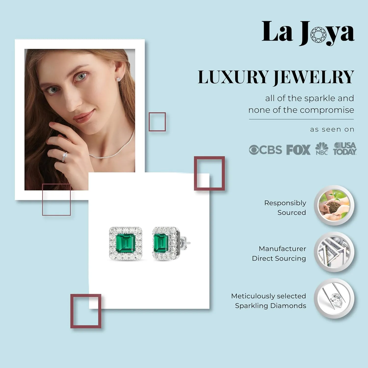 Lab Created Emerald and Lab Grown Diamond Halo Stud Earrings for Women | 10K Solid White Gold Earrings | Multiple Shapes and Weights to Choose From
