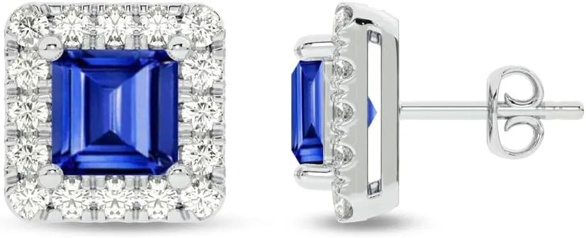 Lab Created Sapphire and Lab Grown Diamond Halo Stud Earrings for Women | 10K Solid White Gold Earrings | Multiple Shapes and Weights to Choose From