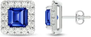 Lab Created Sapphire and Lab Grown Diamond Halo Stud Earrings for Women | 10K Solid White Gold Earrings | Multiple Shapes and Weights to Choose From