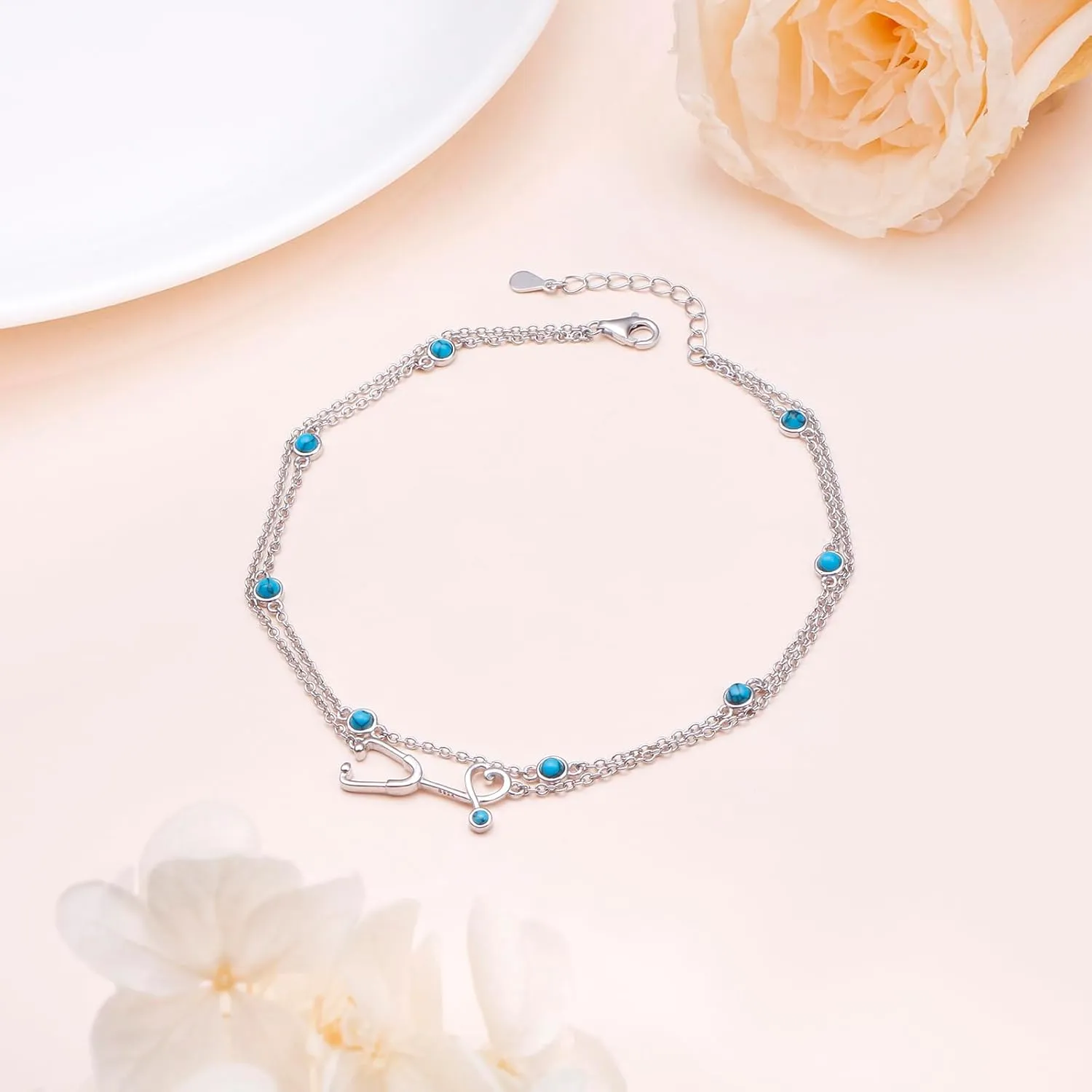 Ladytree Anklet for Women 925 Sterling Silver Adjustable Foot Beaded Heart/Cubic Zirconia Charm Ankle Bracelet Anklets Jewelry