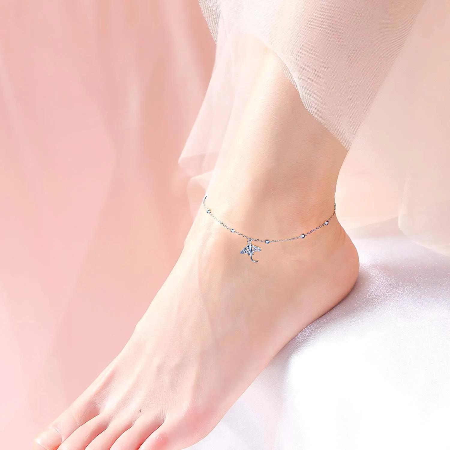 Ladytree Anklet for Women 925 Sterling Silver Bunny Stingray Octopus Beaded Adjustable Foot Theme Charm Ankle Bracelet Summer Anklets Jewelry