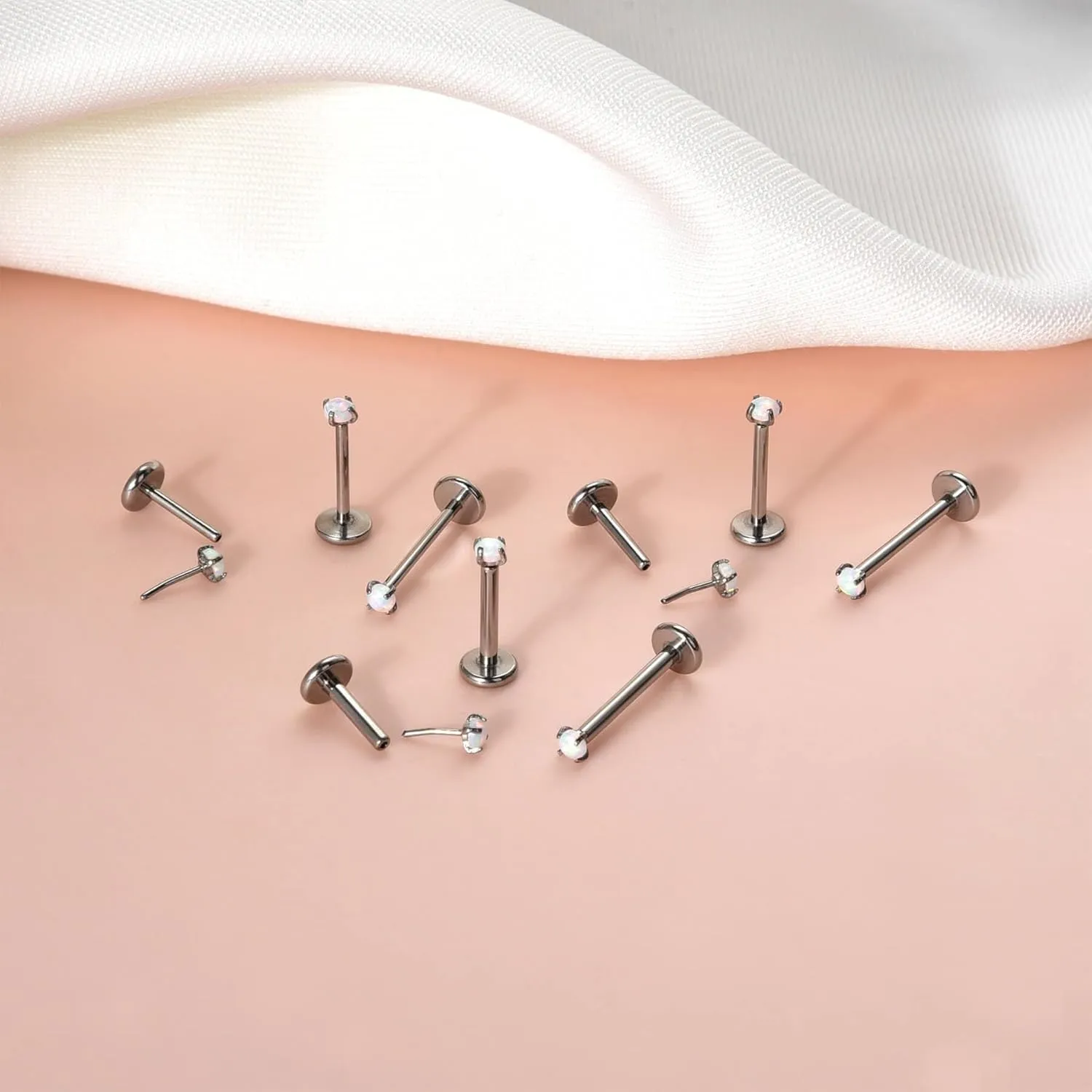 Lantine 1Pcs Threadless Push in Nose Rings Studs Implant Grade F136 Titanium Flat Back Opal Earrings Lip Labret Medusa Monroe Helix Daith Cartilage Tragus Conch Lobe Piercing Jewelry