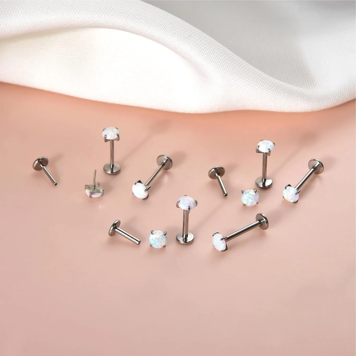 Lantine 1Pcs Threadless Push in Nose Rings Studs Implant Grade F136 Titanium Flat Back Opal Earrings Lip Labret Medusa Monroe Helix Daith Cartilage Tragus Conch Lobe Piercing Jewelry