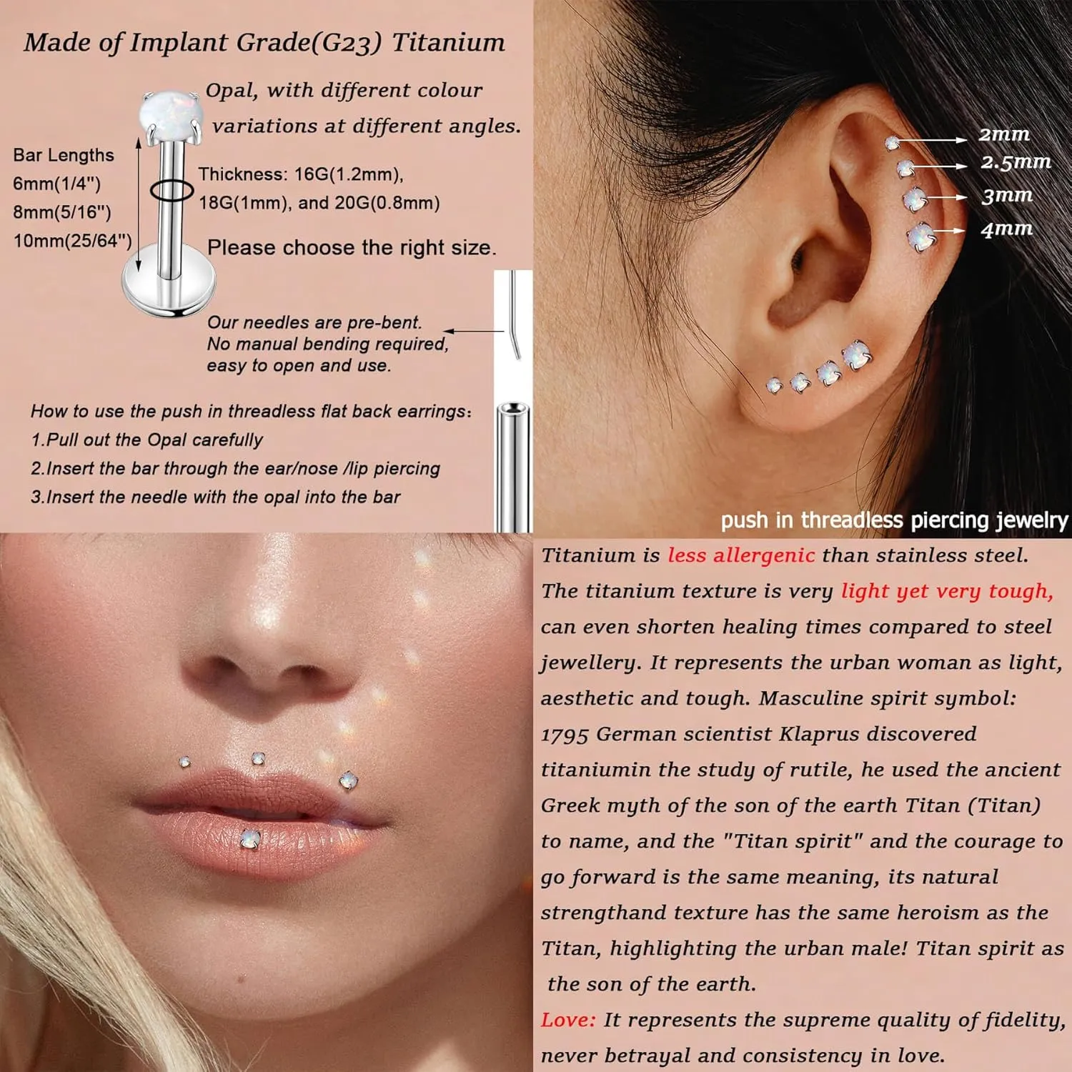 Lantine 1Pcs Threadless Push in Nose Rings Studs Implant Grade F136 Titanium Flat Back Opal Earrings Lip Labret Medusa Monroe Helix Daith Cartilage Tragus Conch Lobe Piercing Jewelry
