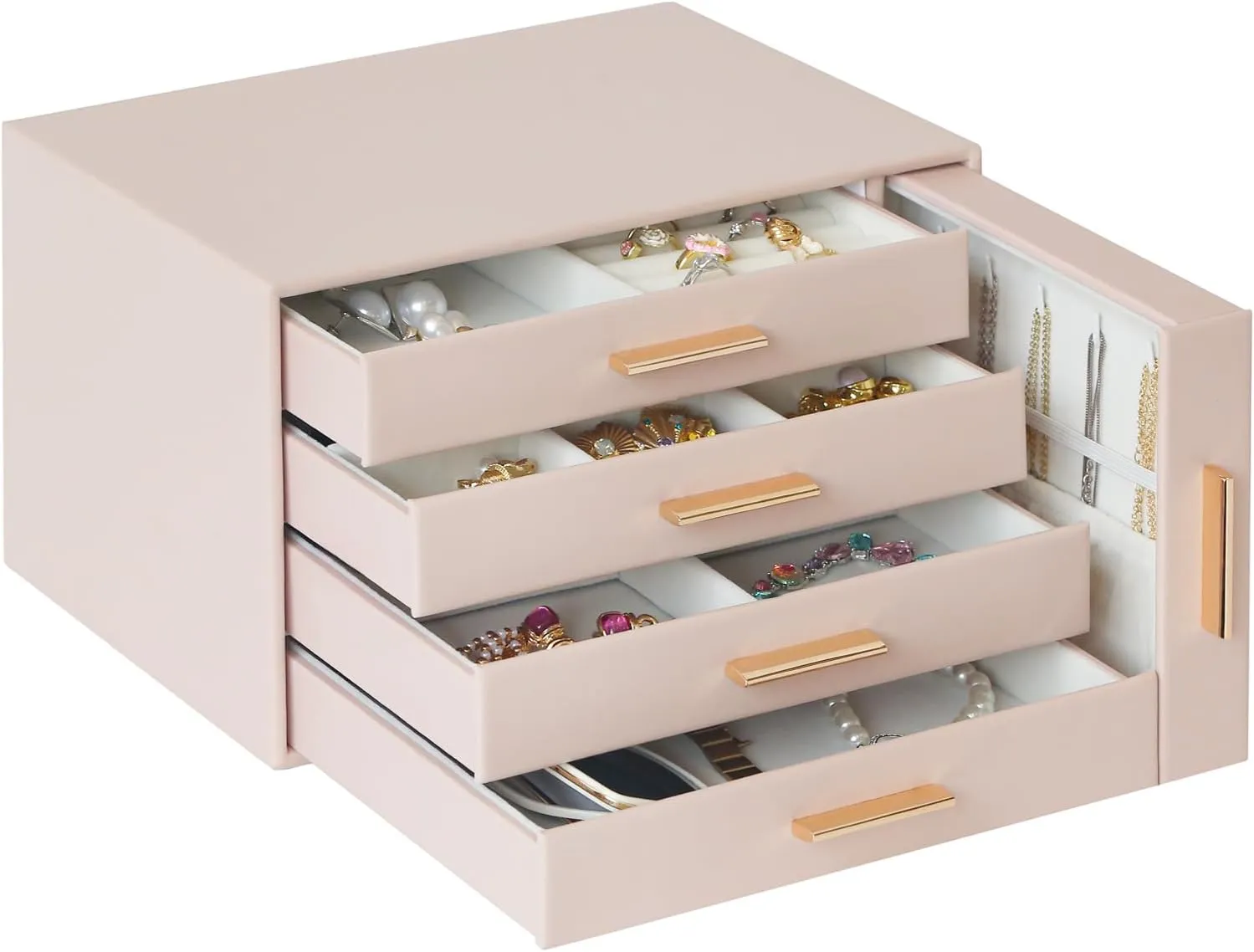Large Jewelry Organizer Box, Earring Holder Organizer Box with Drawers, Tiered 5 Trays Necklace Holder Organizer, Storage Box for Watches, Bracelets, Stud Earrings Organization Pink Women Girls Gift