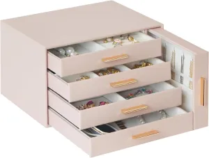 Large Jewelry Organizer Box, Earring Holder Organizer Box with Drawers, Tiered 5 Trays Necklace Holder Organizer, Storage Box for Watches, Bracelets, Stud Earrings Organization Pink Women Girls Gift
