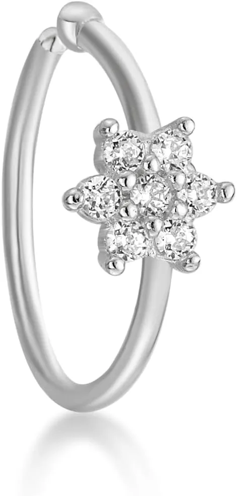 Lavari Jewelers 22 Gauge Flower Hoop Nose Ring for Women - 14k White or Yellow Gold 4 mm Cubic Zirconia Nose Ring - 5/16 Inches Unisex Hypoallergenic Nostril Piercing Jewelry - 22G Body Piercing