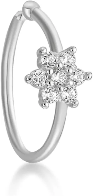 Lavari Jewelers 22 Gauge Flower Hoop Nose Ring for Women - 14k White or Yellow Gold 4 mm Cubic Zirconia Nose Ring - 5/16 Inches Unisex Hypoallergenic Nostril Piercing Jewelry - 22G Body Piercing