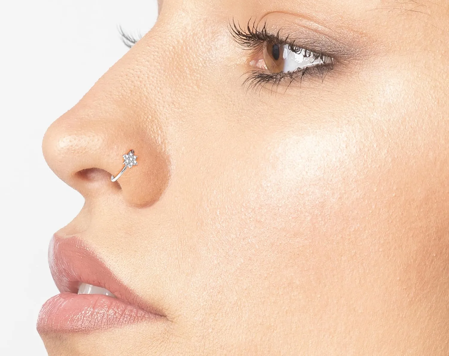 Lavari Jewelers 22 Gauge Flower Hoop Nose Ring for Women - 14k White or Yellow Gold 4 mm Cubic Zirconia Nose Ring - 5/16 Inches Unisex Hypoallergenic Nostril Piercing Jewelry - 22G Body Piercing