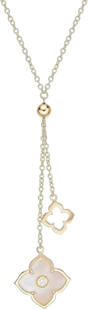 Lavari Jewelers Malachite, Black Onyx or Mother of Pearl and Cubic Zirconia Double Flower Pendant Necklace for Women - Gold Plated Sterling Silver Necklace for Her - 16 to 18 Inch Adjustable Chain