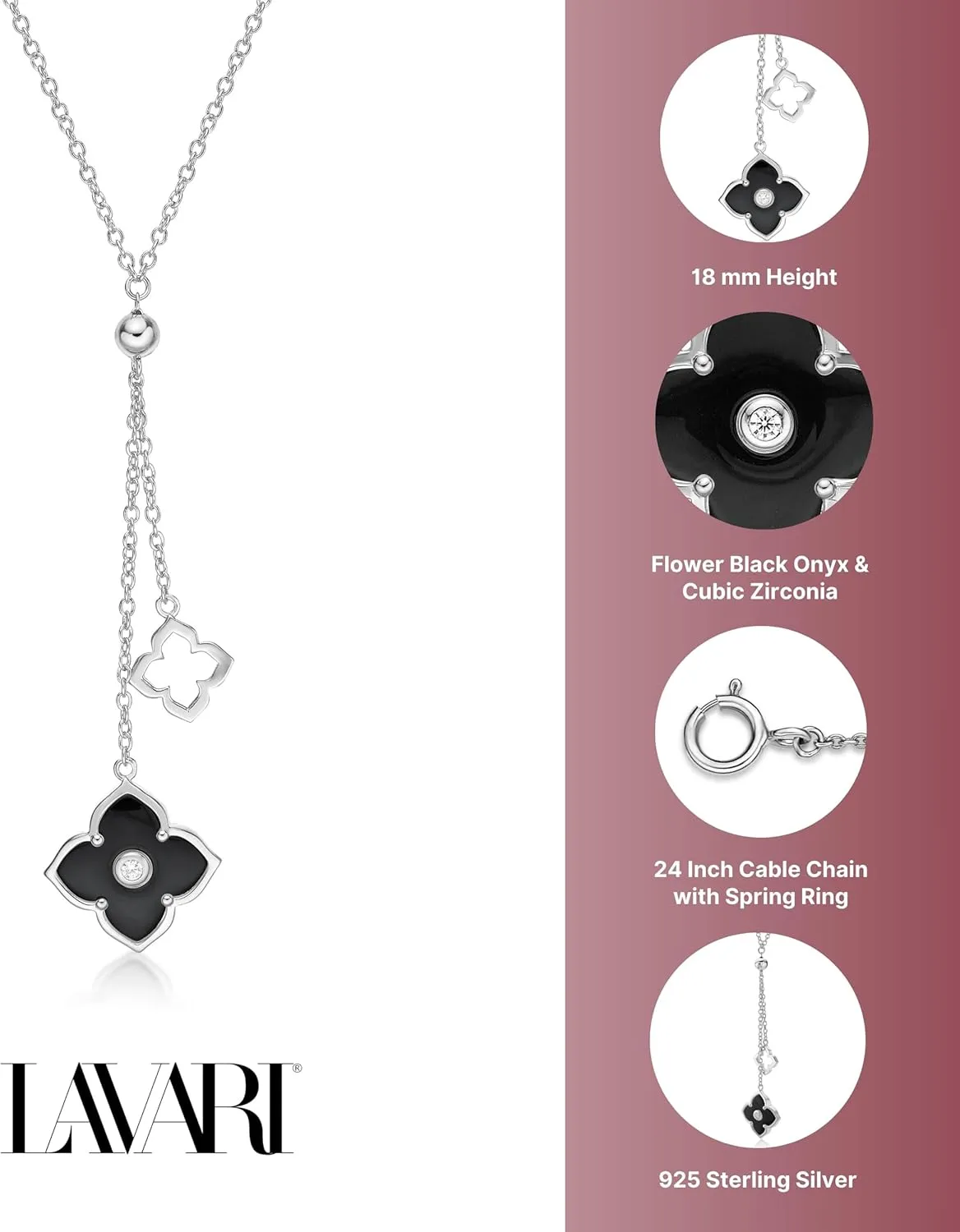 Lavari Jewelers Malachite, Black Onyx or Mother of Pearl and Cubic Zirconia Double Flower Pendant Necklace for Women - Gold Plated Sterling Silver Necklace for Her - 16 to 18 Inch Adjustable Chain