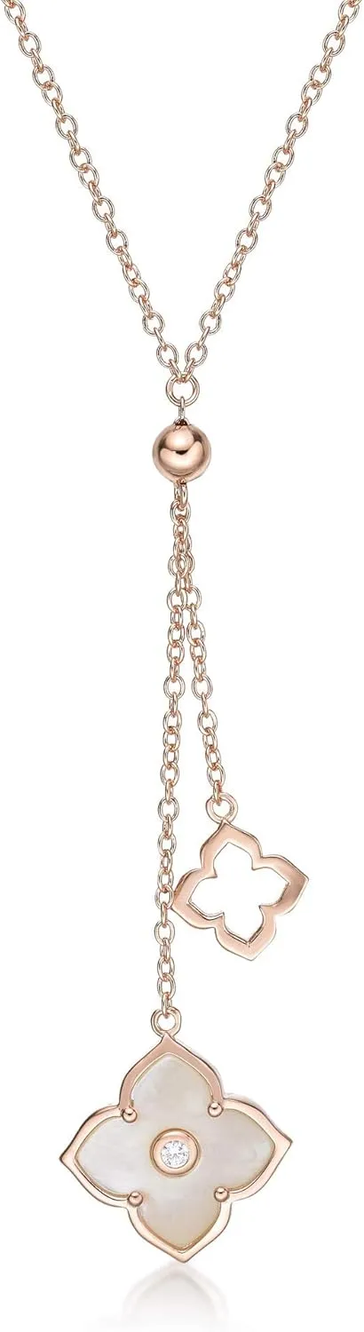 Lavari Jewelers Malachite, Black Onyx or Mother of Pearl and Cubic Zirconia Double Flower Pendant Necklace for Women - Gold Plated Sterling Silver Necklace for Her - 16 to 18 Inch Adjustable Chain