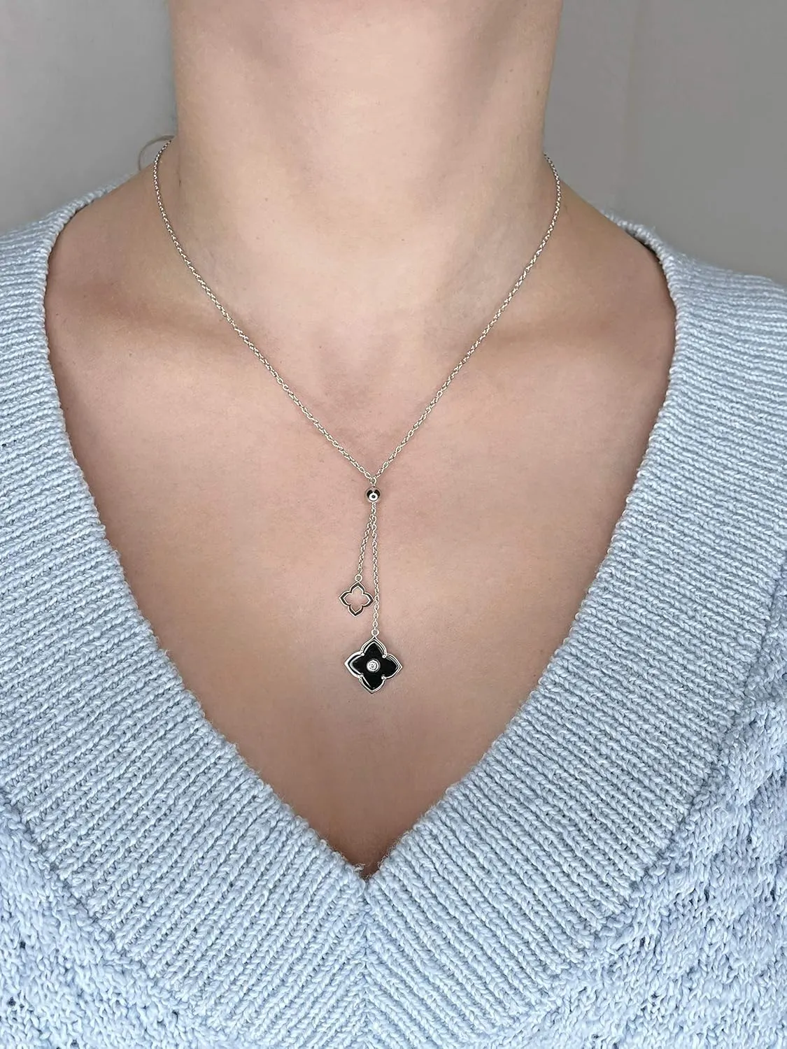 Lavari Jewelers Malachite, Black Onyx or Mother of Pearl and Cubic Zirconia Double Flower Pendant Necklace for Women - Gold Plated Sterling Silver Necklace for Her - 16 to 18 Inch Adjustable Chain