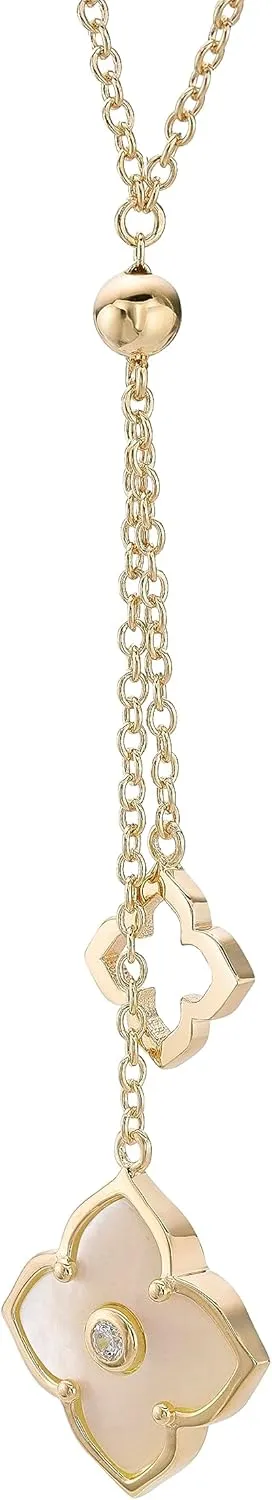 Lavari Jewelers Malachite, Black Onyx or Mother of Pearl and Cubic Zirconia Double Flower Pendant Necklace for Women - Gold Plated Sterling Silver Necklace for Her - 16 to 18 Inch Adjustable Chain