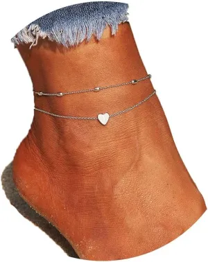 Layered Anklets Women Heart Silver Ankle Bracelet Charm Beaded Dainty Foot Jewelry for Women Summer Barefoot Beach Anklet