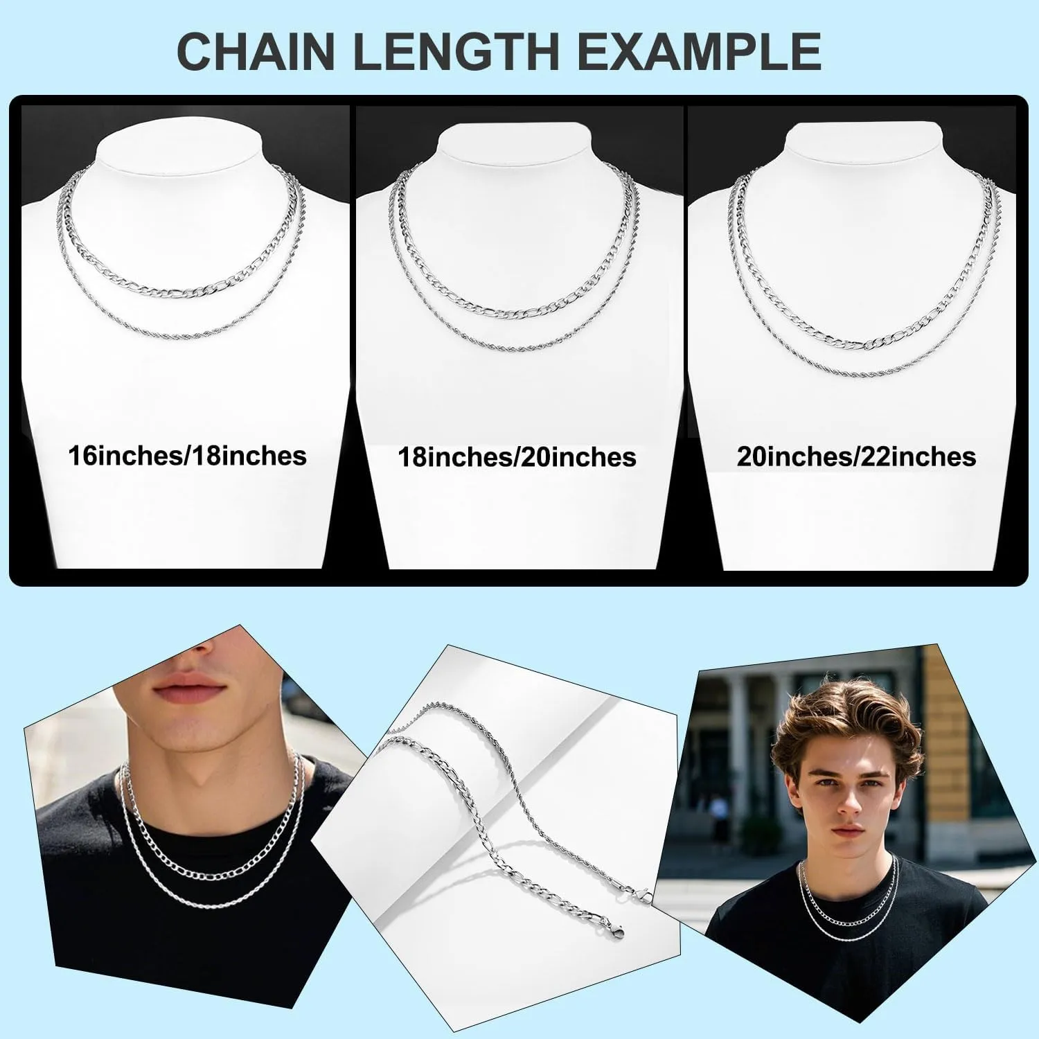 Layered Chain Necklaces for Men Stainless Steel Cuban Link/Figaro/Rope/Herringbone Chains Set 16 "- 24" Jewelry Gifts for Men