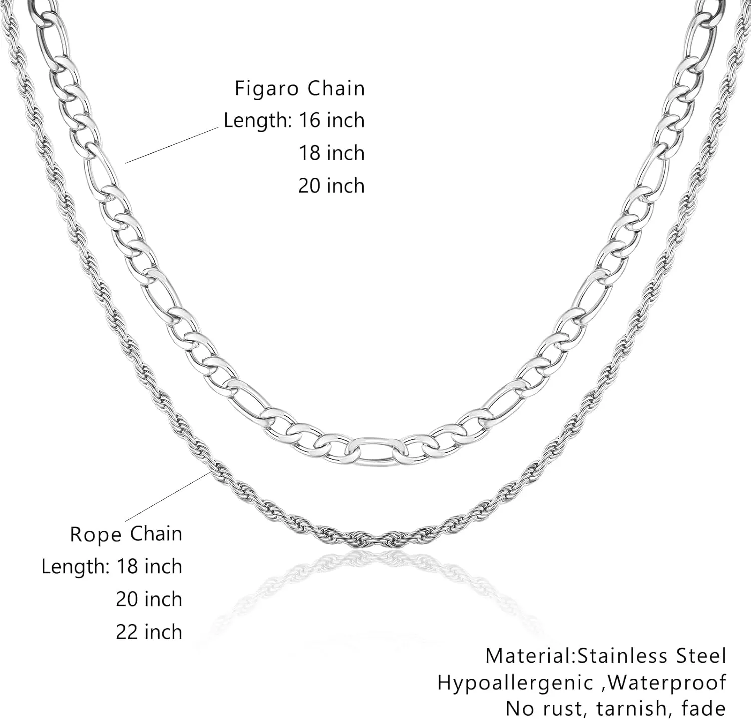 Layered Chain Necklaces for Men Stainless Steel Cuban Link/Figaro/Rope/Herringbone Chains Set 16 "- 24" Jewelry Gifts for Men