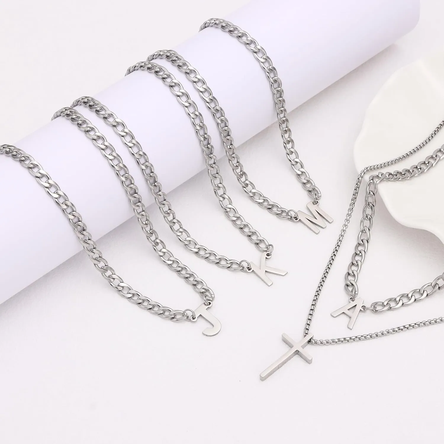 Layered Initial A-Z Letter Pendant Necklace for Men Stainless Steel Cross Pendant Necklaces Cuban Link Chain Necklace Jewelry Gift