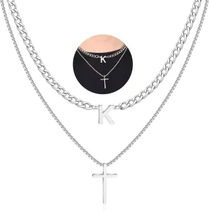 Layered Initial A-Z Letter Pendant Necklace for Men Stainless Steel Cross Pendant Necklaces Cuban Link Chain Necklace Jewelry Gift