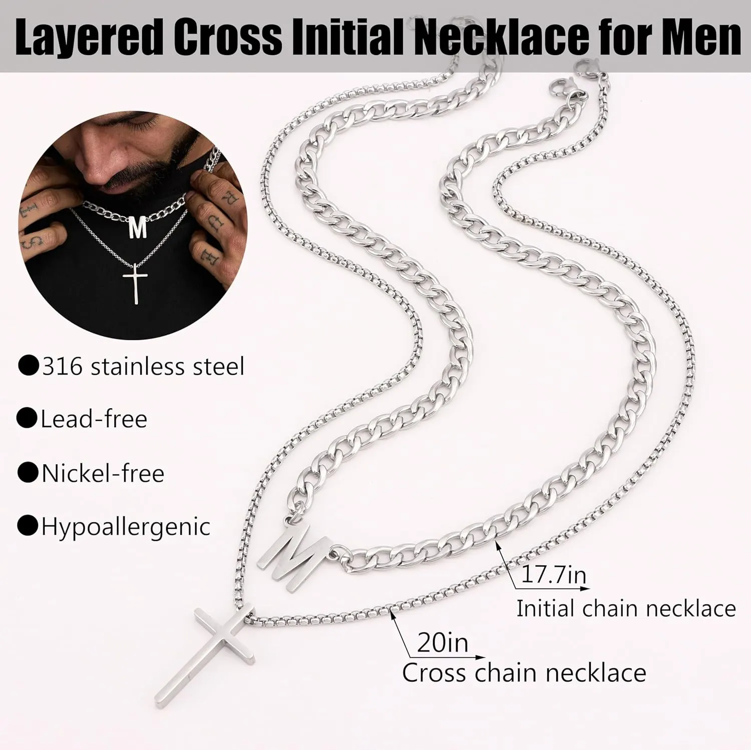 Layered Initial A-Z Letter Pendant Necklace for Men Stainless Steel Cross Pendant Necklaces Cuban Link Chain Necklace Jewelry Gift