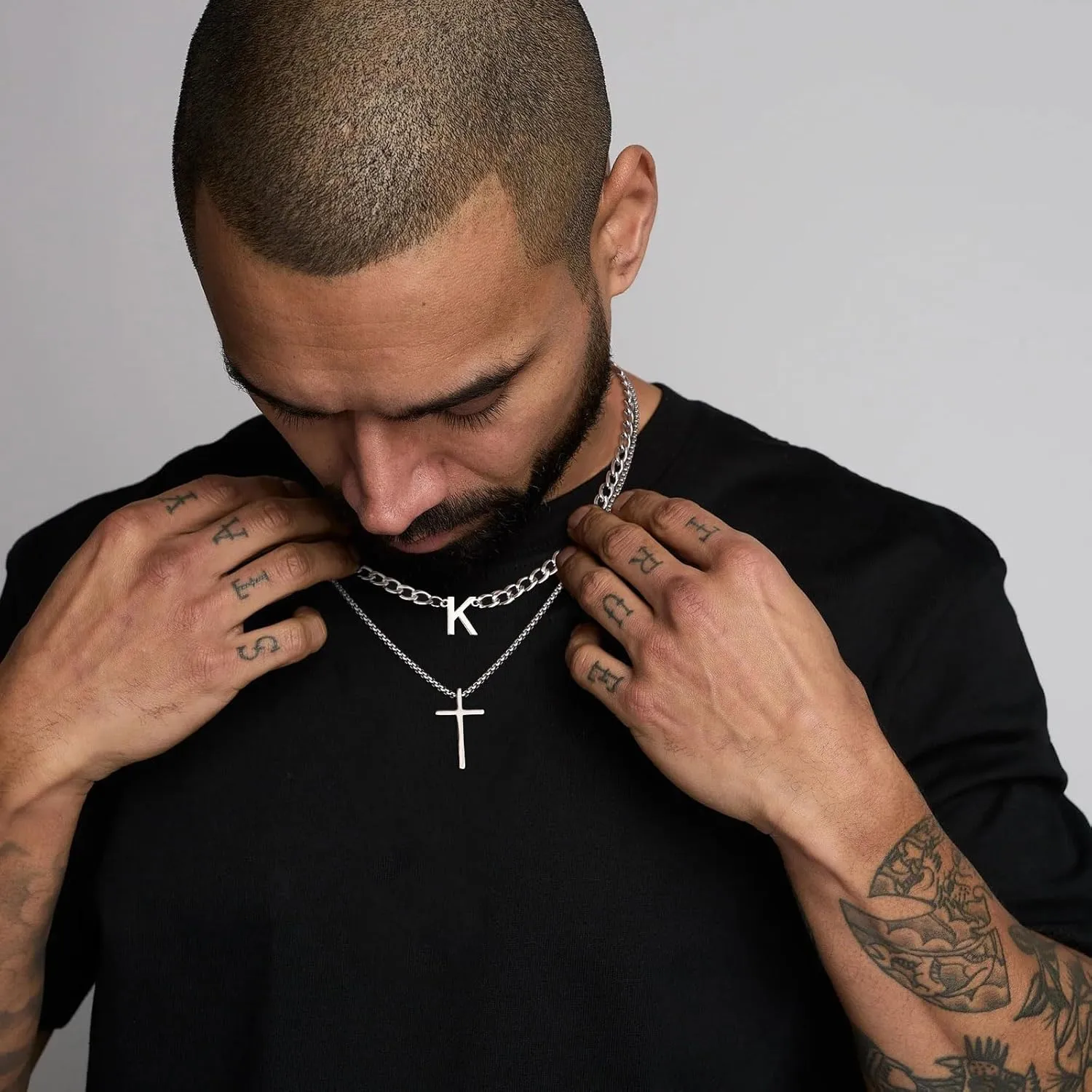 Layered Initial A-Z Letter Pendant Necklace for Men Stainless Steel Cross Pendant Necklaces Cuban Link Chain Necklace Jewelry Gift