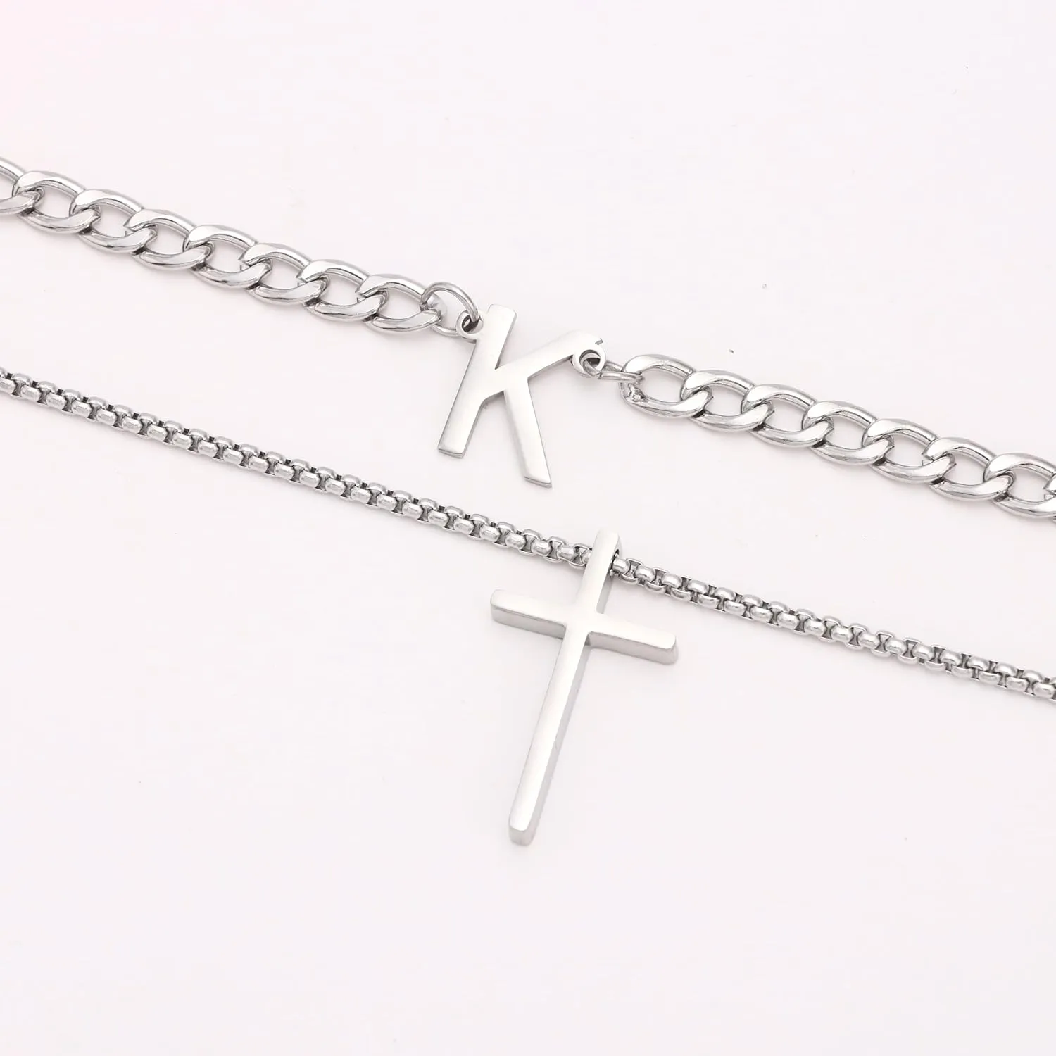 Layered Initial A-Z Letter Pendant Necklace for Men Stainless Steel Cross Pendant Necklaces Cuban Link Chain Necklace Jewelry Gift