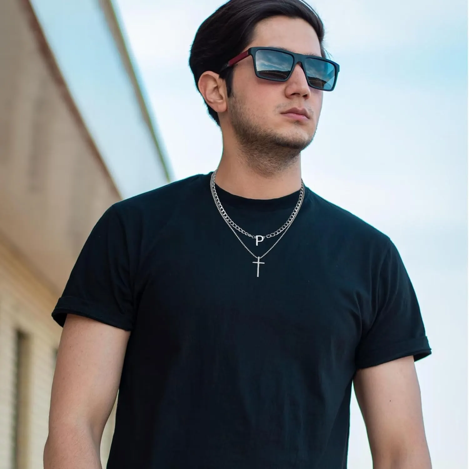 Layered Initial A-Z Letter Pendant Necklace for Men Stainless Steel Cross Pendant Necklaces Cuban Link Chain Necklace Jewelry Gift