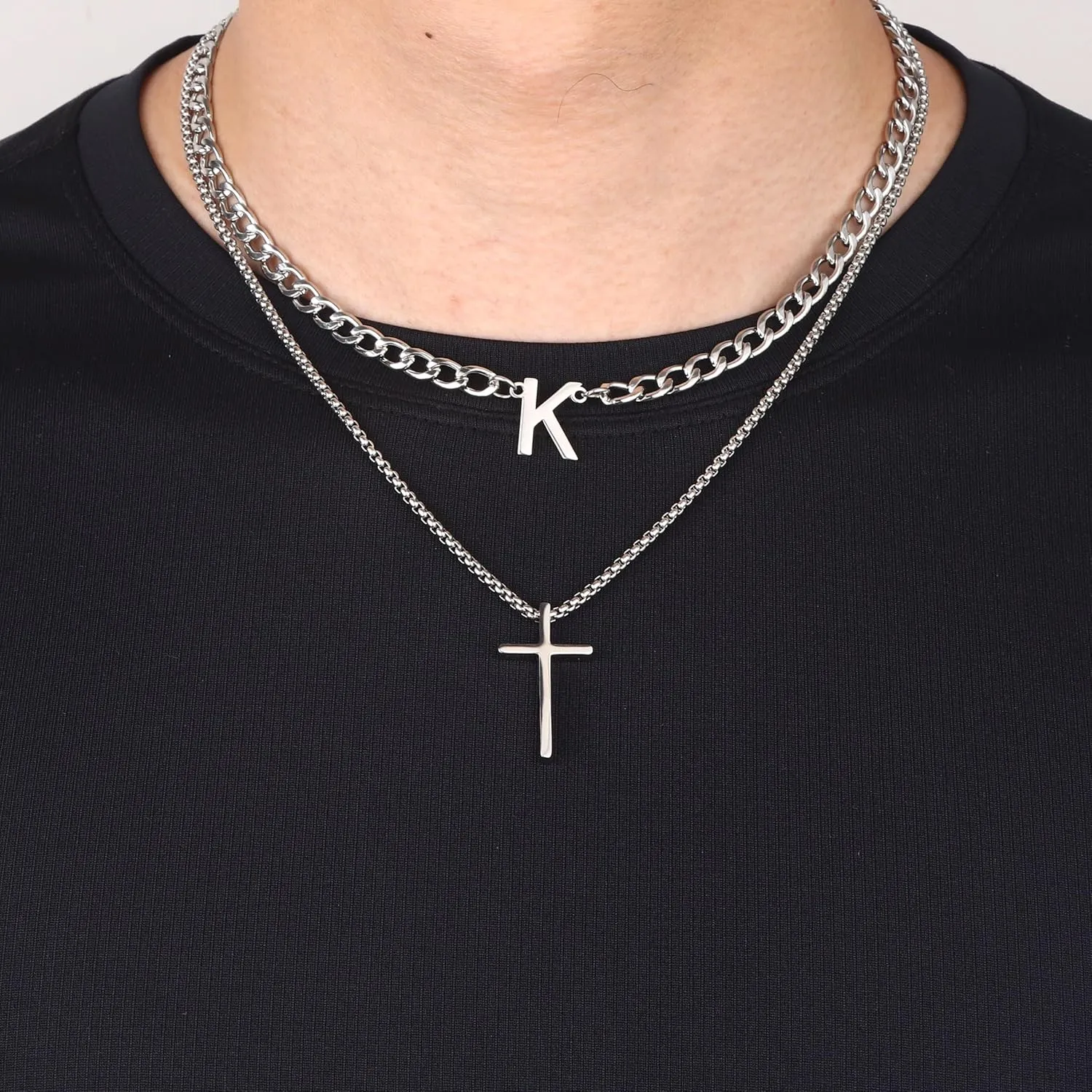 Layered Initial A-Z Letter Pendant Necklace for Men Stainless Steel Cross Pendant Necklaces Cuban Link Chain Necklace Jewelry Gift