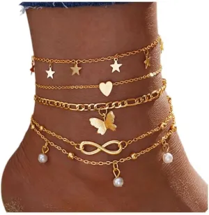 Layered Unlimited Love Anklet Set Delicate Pearl Anklet Tassel Star Butterfly Charm Anklet Bracelet Summer Beach Anklet Ankle Jewelry for Women
