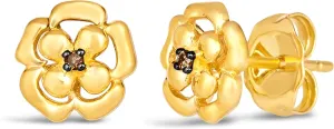 LE VIAN Chocolate Diamond Flower Stud Earrings for Women in 14k Yellow Gold (Brown Diamond, 0.01 cttw) Push Back Studs