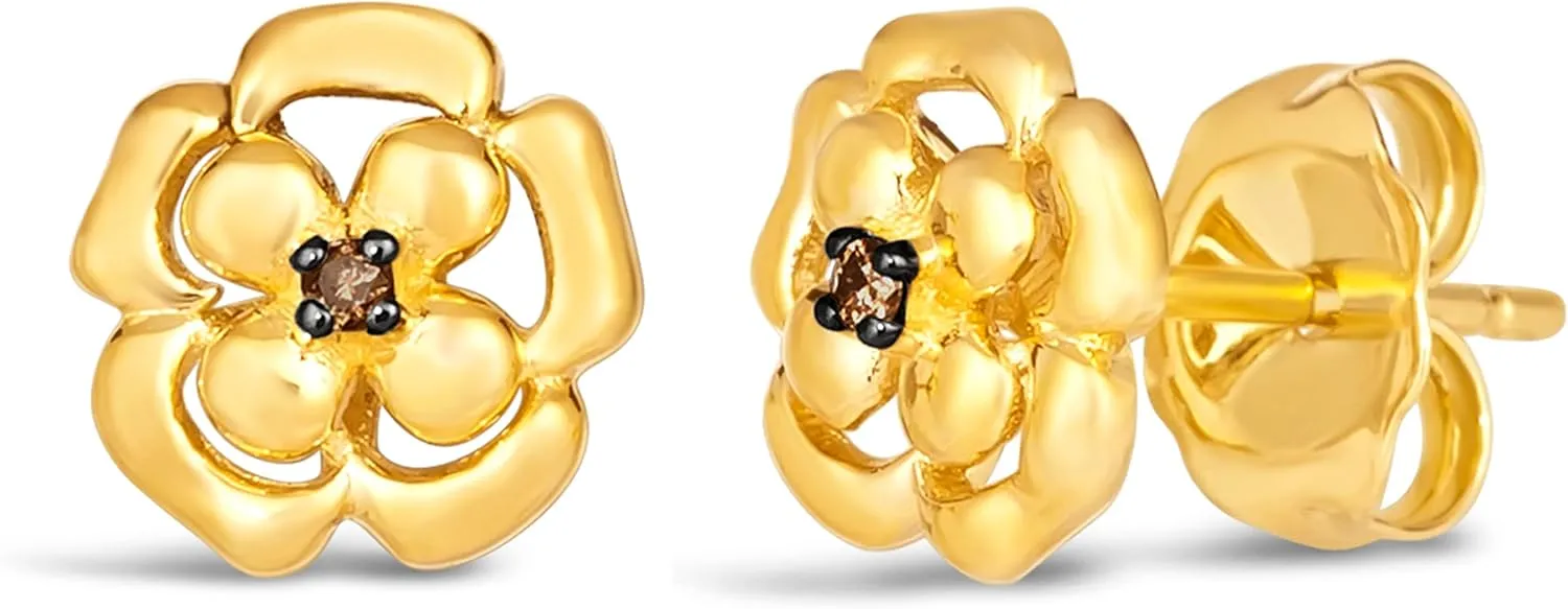 LE VIAN Chocolate Diamond Flower Stud Earrings for Women in 14k Yellow Gold (Brown Diamond, 0.01 cttw) Push Back Studs