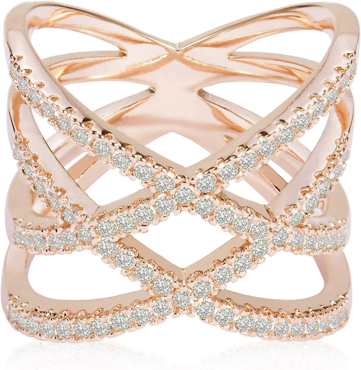 LEMON GRASS Rose Gold Double Criss Cross Ring CZ Pave Crossover Fashion Band Size 6 7 8 9