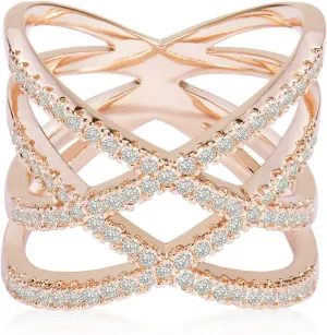 LEMON GRASS Rose Gold Double Criss Cross Ring CZ Pave Crossover Fashion Band Size 6 7 8 9