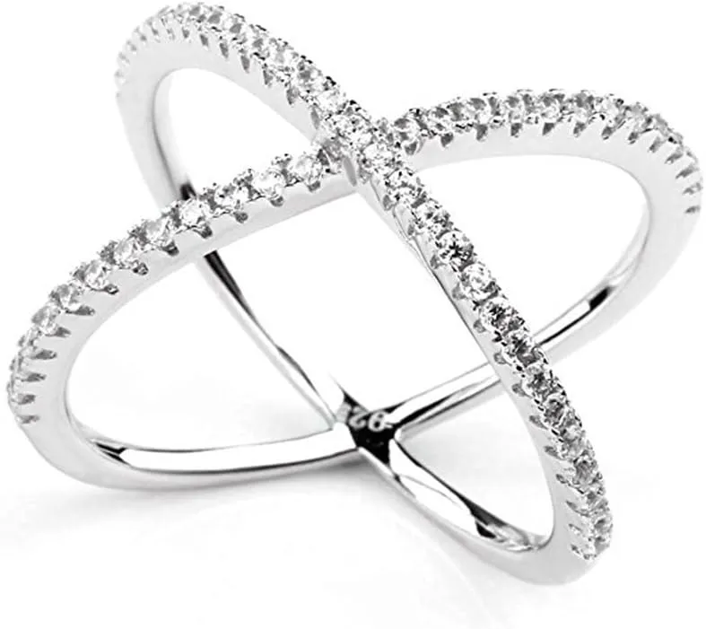 LEMON GRASS Womens Criss Cross Ring Diamond X Ring Micropave CZ Inlay 14K Rose Gold Plating Size 4 5 6 7 8 9 10