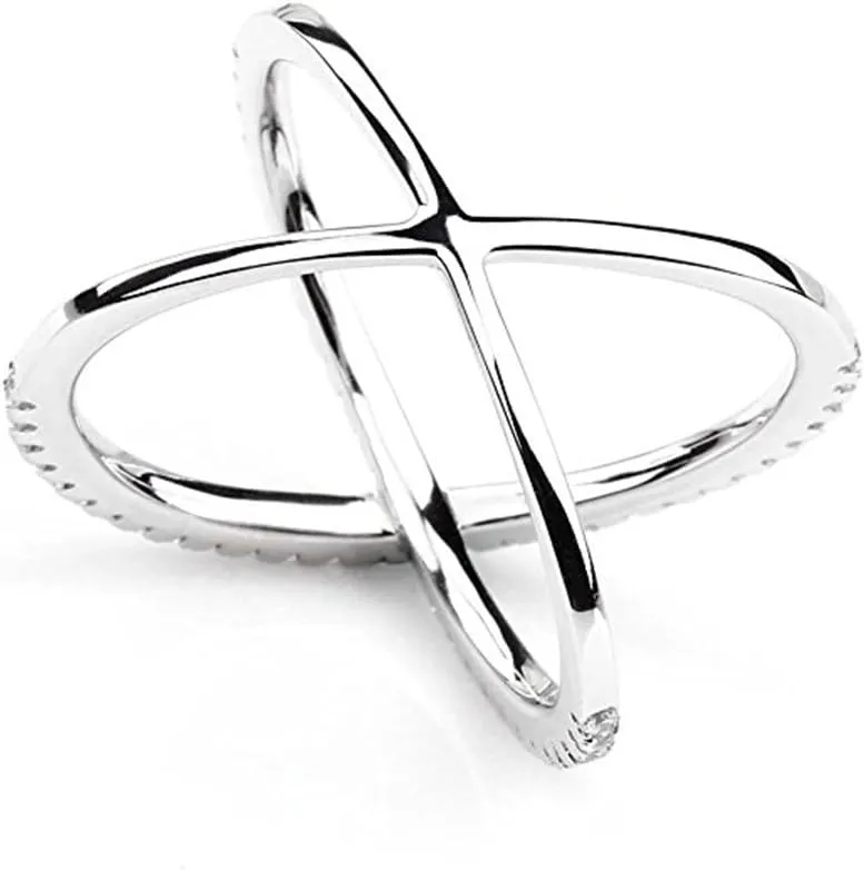 LEMON GRASS Womens Criss Cross Ring Diamond X Ring Micropave CZ Inlay 14K Rose Gold Plating Size 4 5 6 7 8 9 10