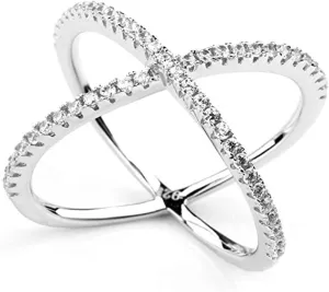 LEMON GRASS Womens Criss Cross Ring Diamond X Ring Micropave CZ Inlay 14K Rose Gold Plating Size 4 5 6 7 8 9 10