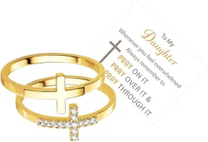 Let Go And Let God Ring For Women, To My Daughter 2pcs/Set Pray On It Golden Cross Stackable Cubic Zirconia Simple Finger Gift Jewelry