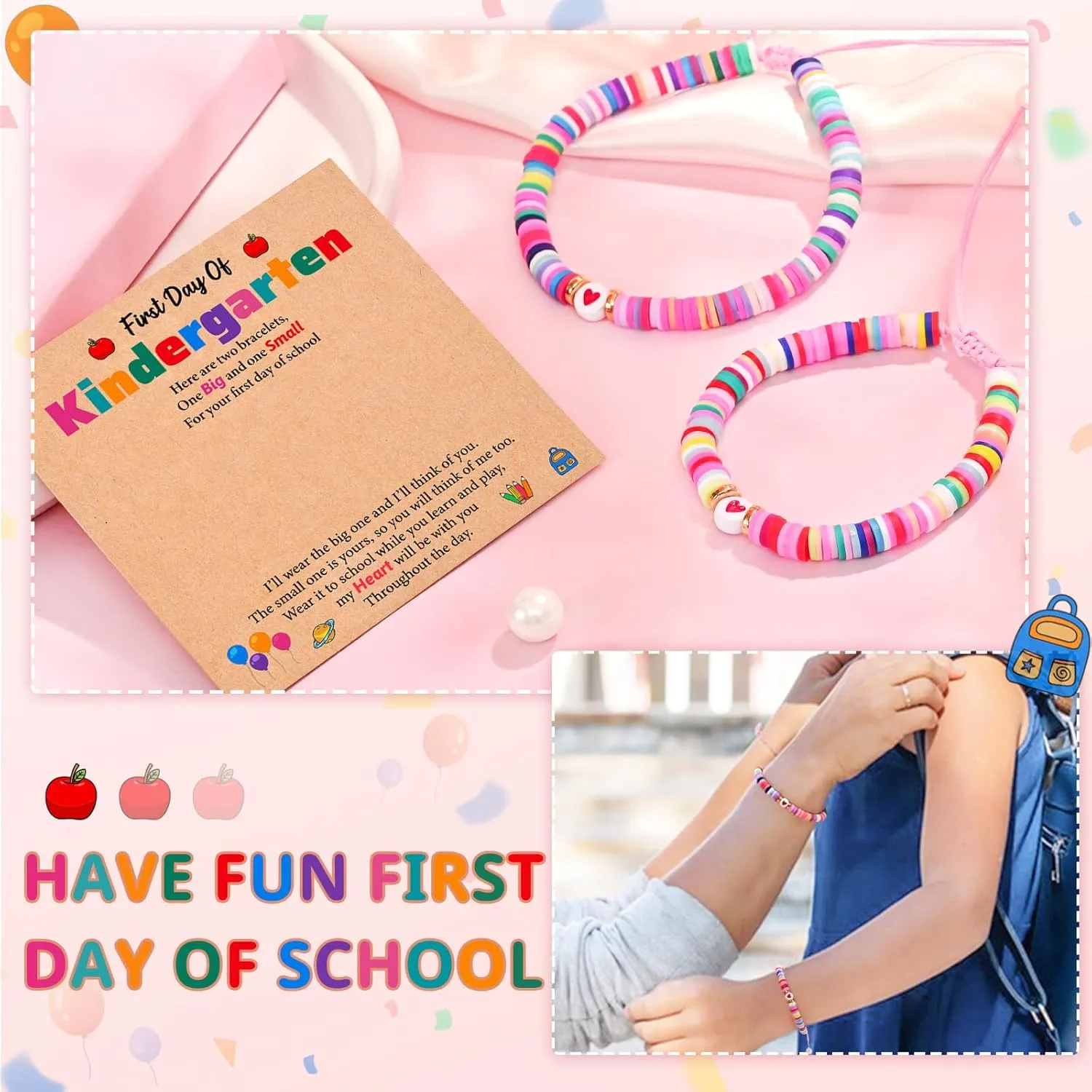 Lifecapido First Day of School Bracelet, First Day of School Gift for Kindergarten Preschool First Second Grade, Colorful Matching Heart Adjustable Bracelets for Mom and Daughter, Back to School Gifts