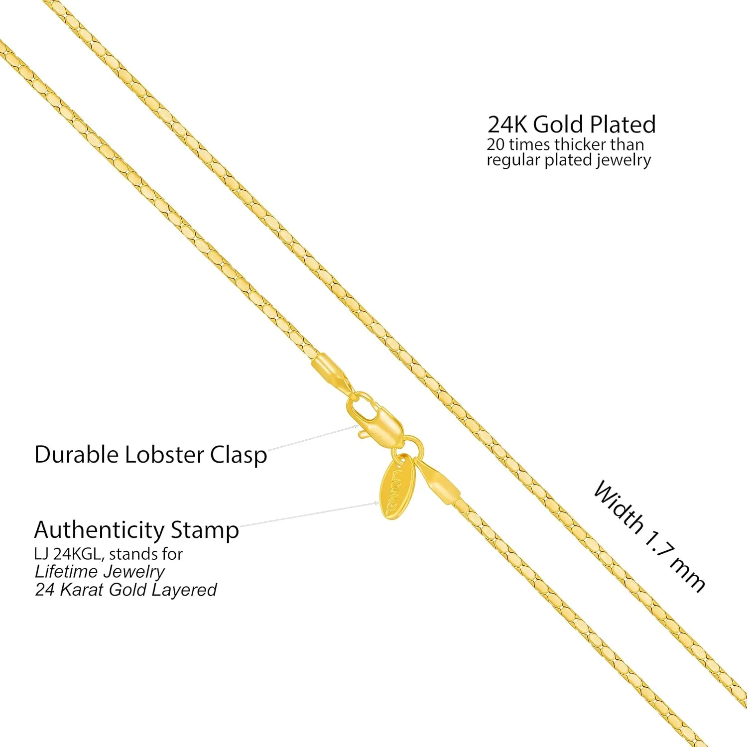 LIFETIME JEWELRY 1.7mm Snake Chain Necklace for Women and Men 24k Gold Plated