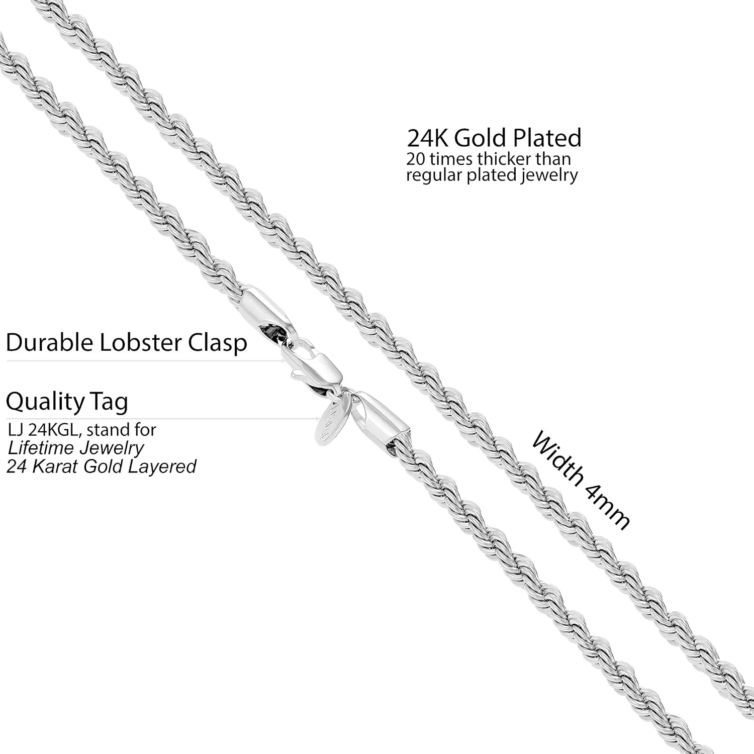 LIFETIME JEWELRY 4mm Gold Rope Chain for Men & Women 24k Real Gold Plated Diamond Cut Gold Necklace 16 to 30 Inch