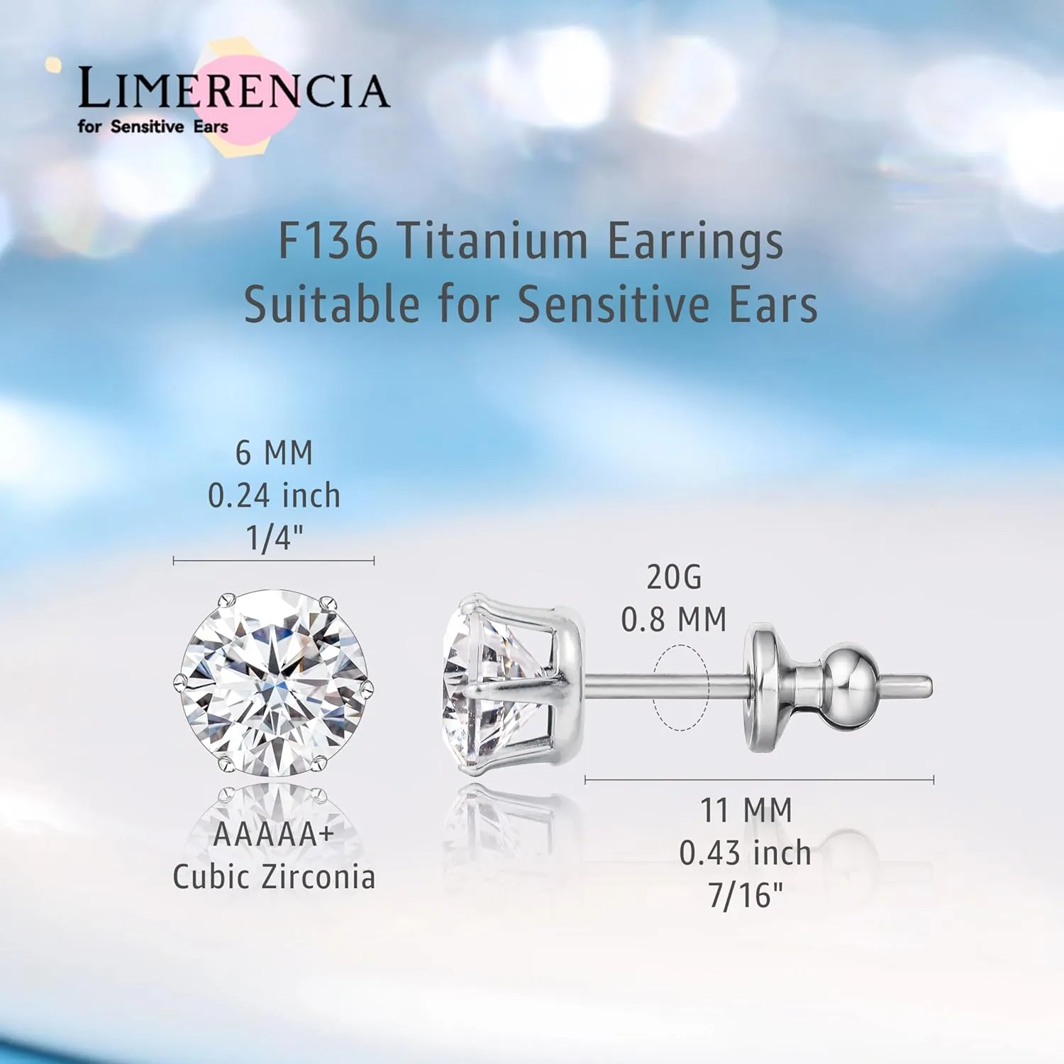 limerencia Pure Titanium CZ Stud Earrings Hypoallergenic F136 Implant Grade Earrings with 5A Simulated Diamonds Stud Earrings for Sensitive Ears