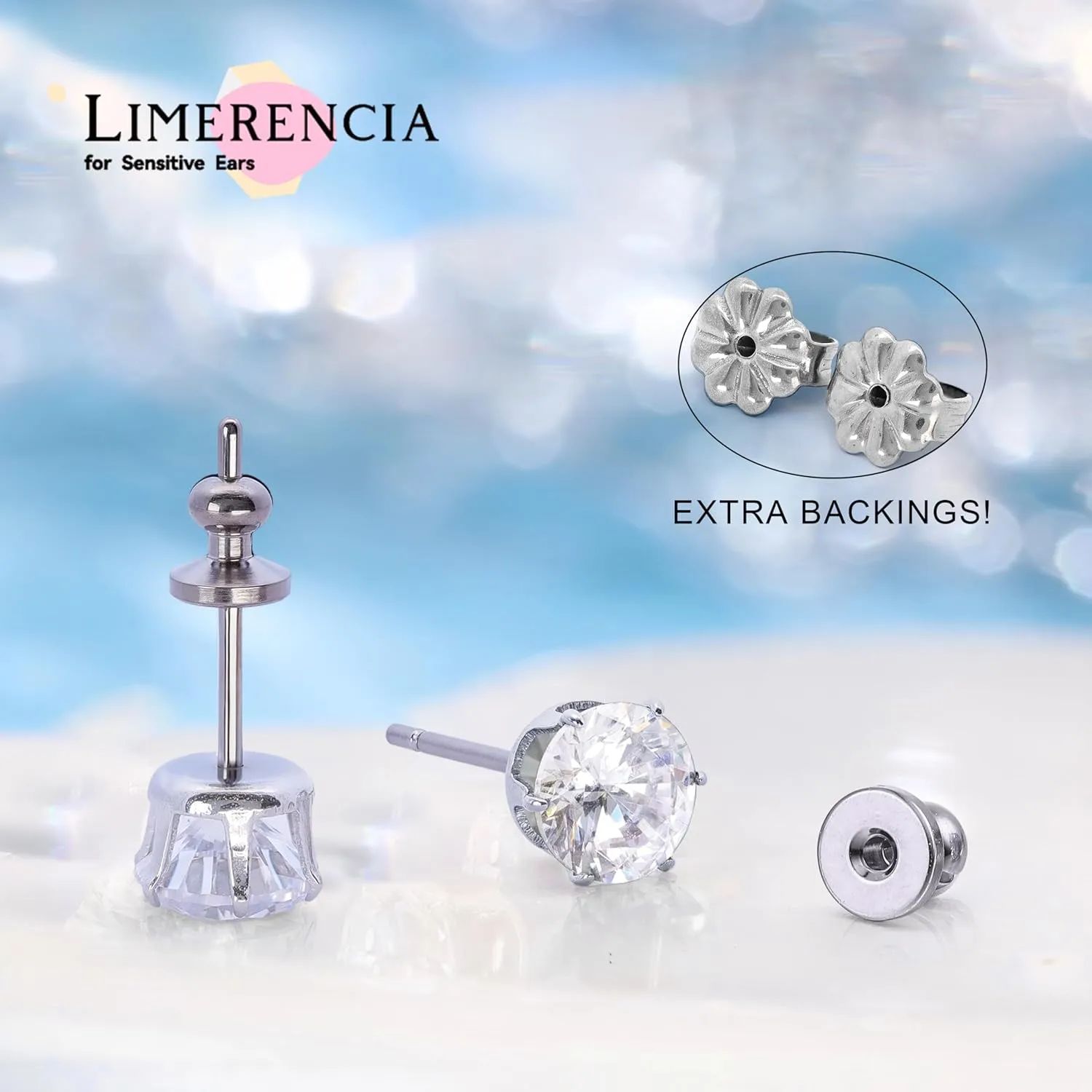 limerencia Pure Titanium CZ Stud Earrings Hypoallergenic F136 Implant Grade Earrings with 5A Simulated Diamonds Stud Earrings for Sensitive Ears